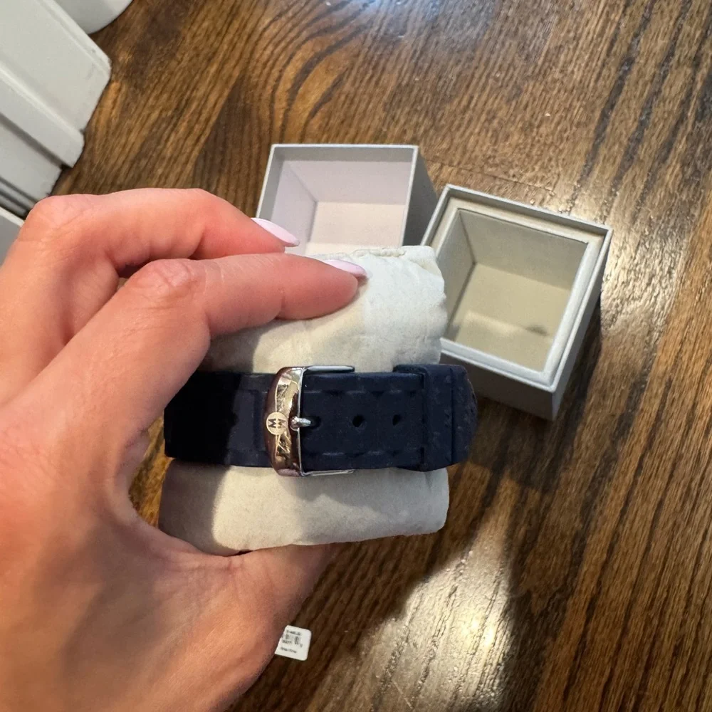Michele Silver-Tone Case Watch with Black Strap